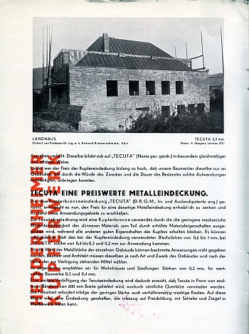 Booklet for "Tecuta - The New Copper Bronze Roof - Tecuta", 1929 by Hans Leistikow, View Three