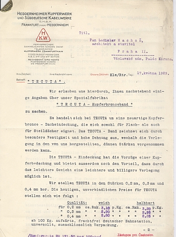 Cover letter for "Tecuta - The New Copper Bronze Roof - Tecuta", 1929, View One