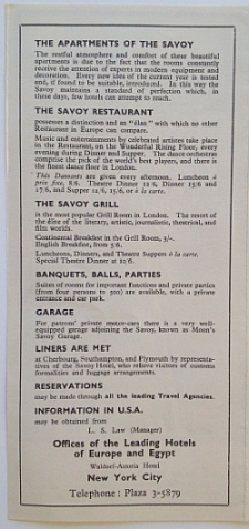 Savoy Hotel Brochure,1933 Variant A, inside view describing the appointments of the Hotel